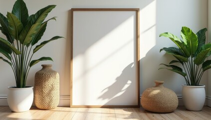 mock up poster frame in tropical interior background, modern Caribbean style