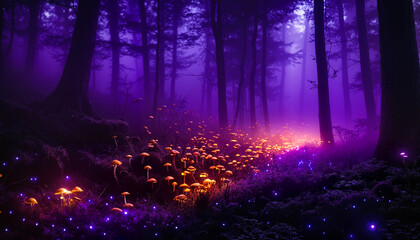 Magical glowing mushrooms in a mysterious forest with purple fog 