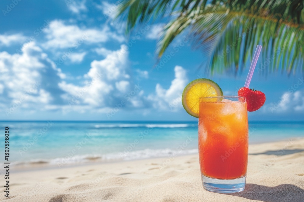 Poster refreshing tropical cocktail on sandy beach under blue sky with palm trees and soft ocean waves in a