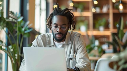 Obraz premium Freelancer working on a laptop in a cozy cafe while enjoying a productive remote work environment