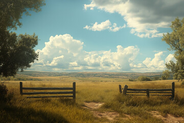 Oklahoma Day: Wooden Fence, Vast Prairie, Golden Grass, Fluffy Clouds, Blue Sky, Symbolizing Oklahoma’s Open Plains, Rural Serenity, Natural Splendor
