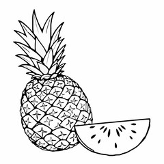  black outline vector of a whole pineapple with cross-section slice