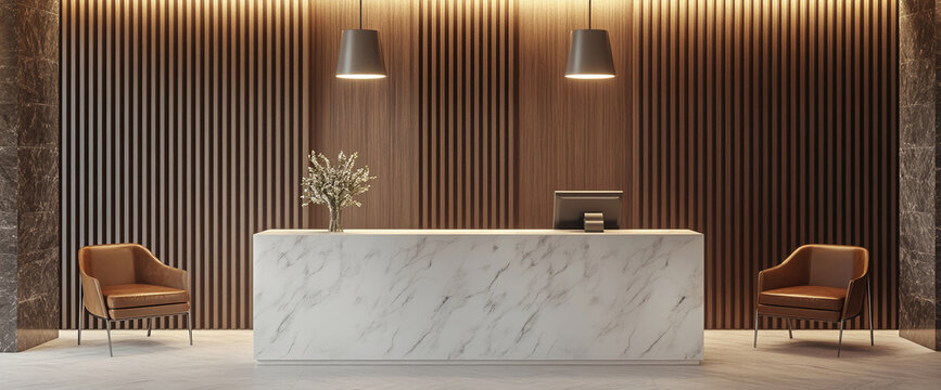 Modern reception area with marble counter, wooden wall paneling, leather chairs, and minimalist lighting showcasing elegance and sophistication in a business setting