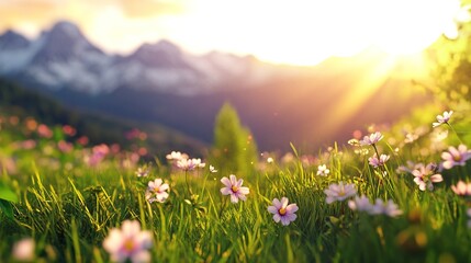 Beautiful spring meadow with blooming flowers and green grass in the foreground, mountain range blurred in the background