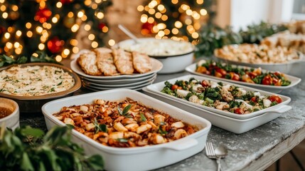 Obraz premium A festive display of various holiday dishes featuring colorful salads, hearty casseroles, and pastries, set against a backdrop of twinkling lights.