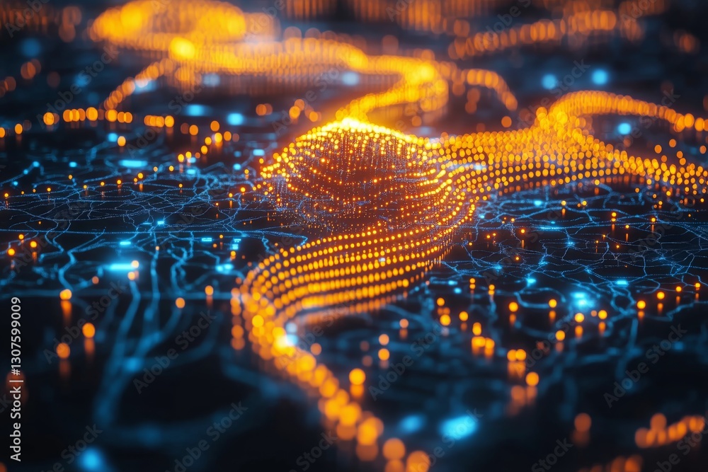 Poster digital representation of a brain with glowing neural connections and circuit patterns in a dark env