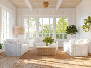Fototapeta premium Sun-drenched, light-filled, bright, airy, modern, cozy, Scandinavian, farmhouse, living room, with white wicker furniture, beige carpet, and large windows overlooking a lush garden.