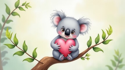 Fototapeta premium Loving Cartoon Koala Holding Heart on Tree Branch