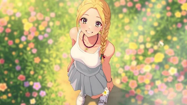 Happy anime girl with blonde braid smiles in a flower garden.Seamless looping time lapse animation video background, lo-fi art.