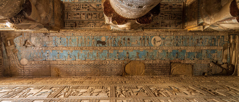 Restored ceiling painting with ornate columns in the temple of Hathor at Dendera