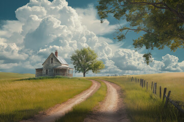 Oklahoma Day: Rustic House on Prairie, Dirt Road, Green Fields, Fluffy Clouds, Tree, Symbolizing Oklahoma’s Rural Charm, History, and Tranquil Landscape