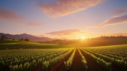 Serene sunset over lush vineyard rows with distant mountains and soft clouds in the sky