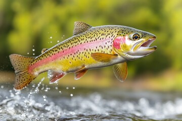 Fototapeta premium A rainbow trout leaping out of a rushing river to catch an insect in midair