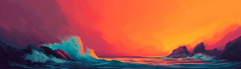 A vibrant seascape at sunset, featuring bold colors of orange, pink, and blue, with crashing waves against rocky silhouettes.