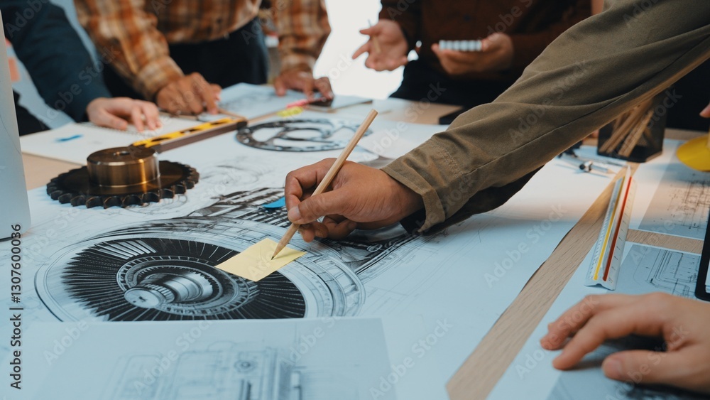 Poster a group of engineers engaged in a collaborative session focusing on technical drawings of mechanical