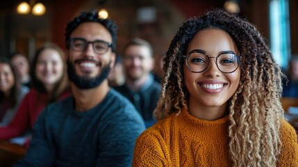 A joyful couple smiles in a warm classroom setting, illustrating a moment of connection, happiness, and shared experience amid an engaged audience in an academic environment.