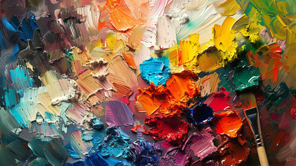A well-used artist's palette filled with vibrant paints and a resting paintbrush.