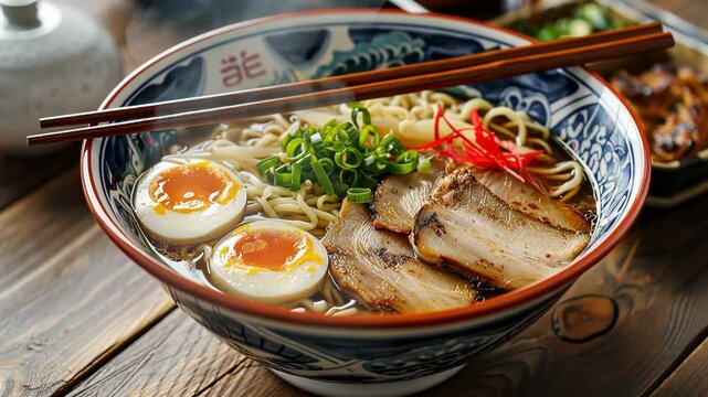 Ramen bowl with noodles pork egg chopstick asian japan cuisine