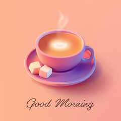 Good morning. 3D cup of hot coffee on a plate. For advertising concepts of cafes, morning aromatic coffee. Modern banner. Vector