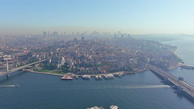 Istanbul, Turkey: Aerial view of famous Turkish city straddling Bosphorus Strait, summer day with clear blue sky - landscape panorama of Europe / Asia from above

