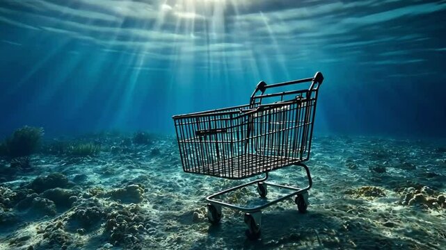 Shopping cart underwater, sunbeams, coral reef, environmental issue, symbolic image