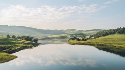 Fototapeta premium Serene morning mist over tranquil valley river reflection