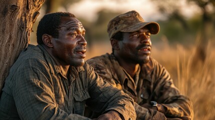 Fototapeta premium Two men, one in military attire and the other in casual wear, sit in the golden glow of the wilderness, illustrating the deep connection with nature and their shared contemplative experience.