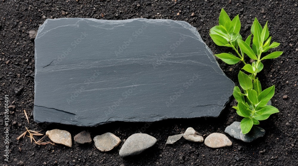 Poster slate stone resting on a dirt patch, with a few scattered pebbles and bits of twigs, representing th