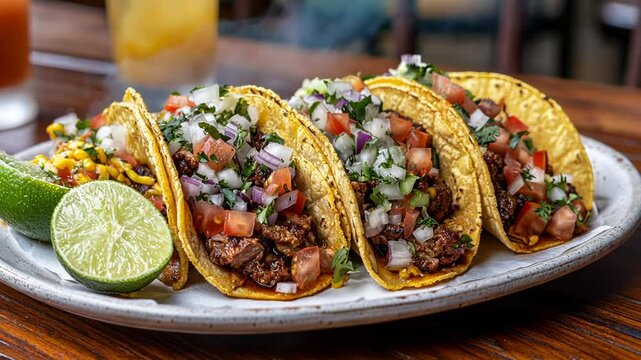Mexican Tacos with salsa beef tortilla onion
