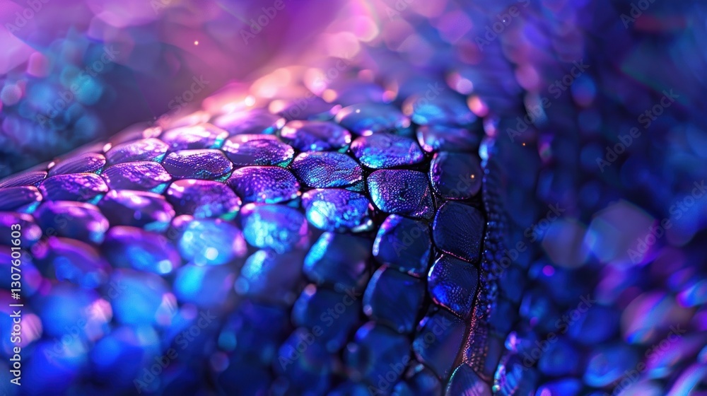 Poster intricate snake scales display a dynamic array of iridescent blues, purples, and greens under soft a