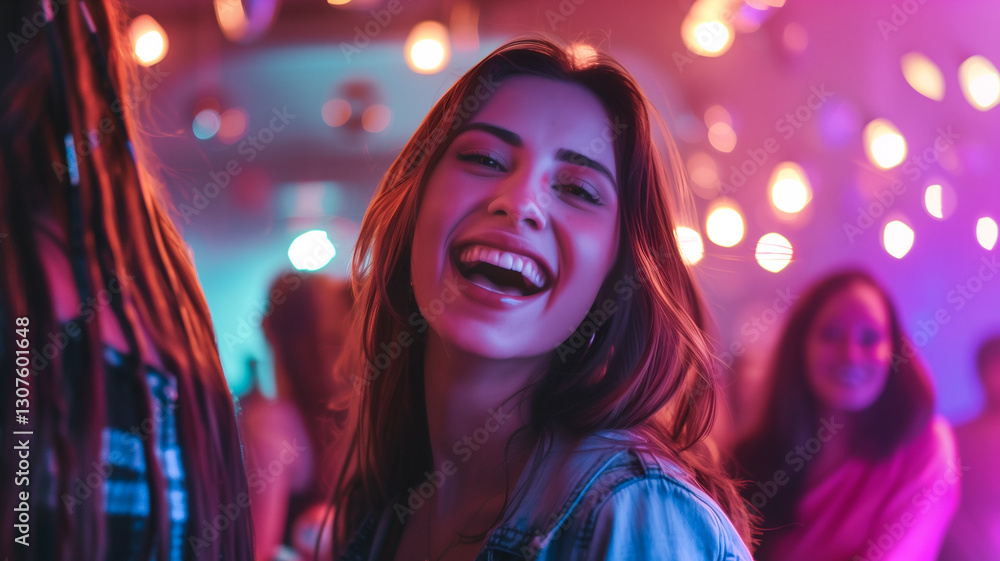 Poster this guests are dancing and laughing joyfully in a vibrant, colorful party setting filled with light