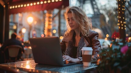 Freelancer works on laptop at a bustling cafe beside the Eiffel Tower during a vibrant evening