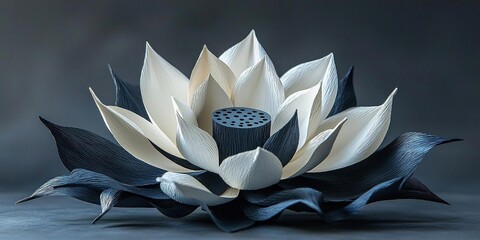 Elegant White And Blue Lotus Flower, Crafted Art Piece Displaying Intricate Petals And Textural Elements, Symbolizing Serenity And Natural Beauty In Contemporary Design