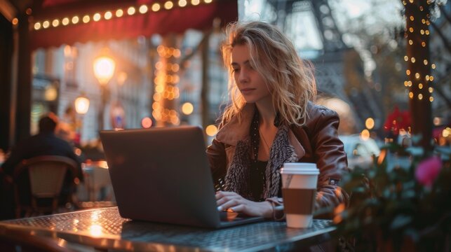 Freelancer works on laptop at a bustling cafe beside the Eiffel Tower during a vibrant evening