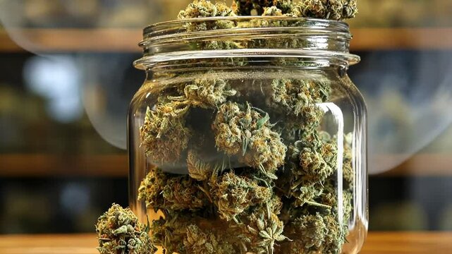 Cannabis flower buds in jar weed marijuana CBD THC in jar smoke