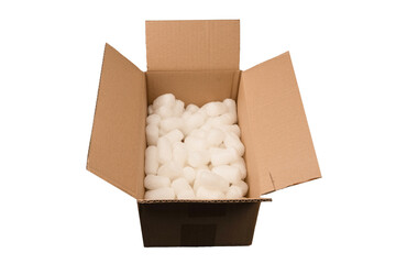 Cardboard box and white filling material in it isolated on a white background.