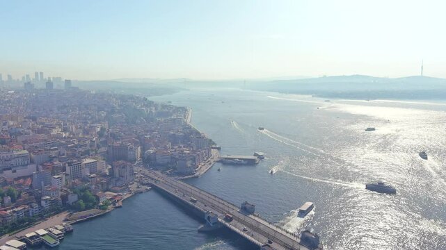 Istanbul, Turkey: Aerial view of famous Turkish city straddling Bosphorus Strait, summer day with clear blue sky - landscape panorama of Europe / Asia from above
