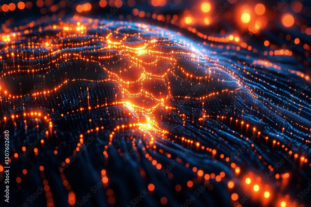 Poster digital representation of a brain with glowing neural connections and circuit patterns in a dark env