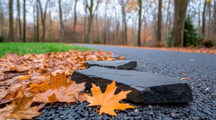 Obraz premium Sharp, jagged rocks resting on a gravel path, with the surrounding area scattered with dried leaves and earthy textures.