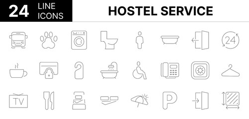 Collection of 24 hostel service line icons featuring editable strokes. These outline icons depict various modes of hostel service, hotel, icon, room service, hospitality, bed linen, eatery, shower,