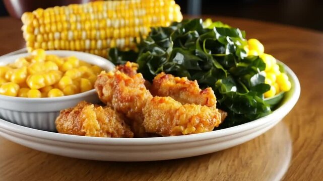 Fried chicken, corn, and collard greens plate, restaurant meal