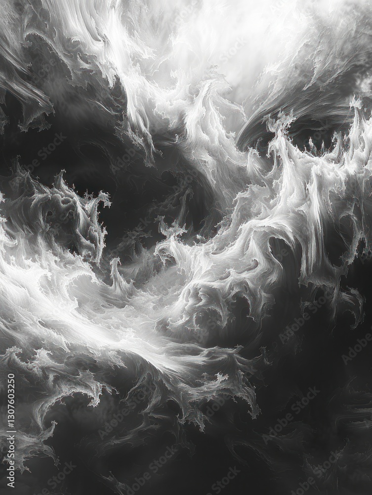Poster soft swirling clouds create a surreal contrast against a dark sky with sharp shadows and elegant lig