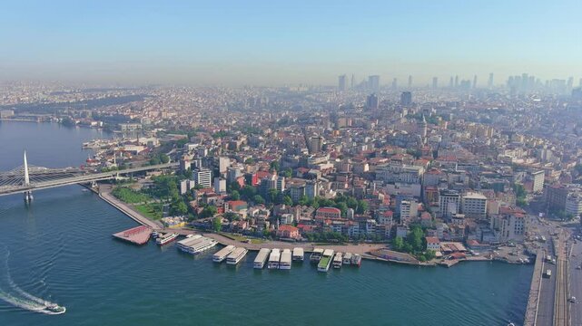 Istanbul, Turkey: Aerial view of famous Turkish city straddling Bosphorus Strait, summer day with clear blue sky - landscape panorama of Europe / Asia from above
