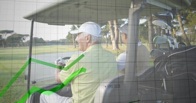 Elderly men in golf cart with financial graph animation overlay