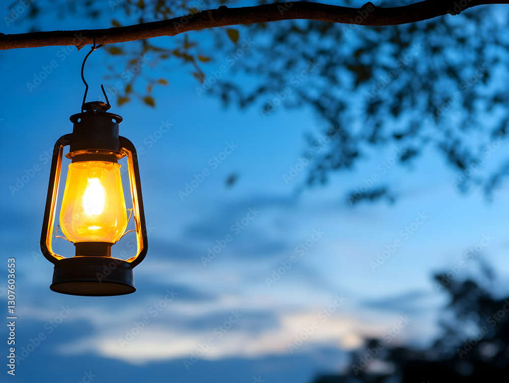 Aufkleber illuminated kerosene lamp hanging from a tree branch at dusk, serene twilight sky background; ideal 
