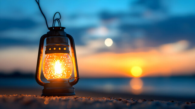 Illuminated kerosene lamp on sandy beach at sunset, ocean background; ideal for travel, peace, and hope themes