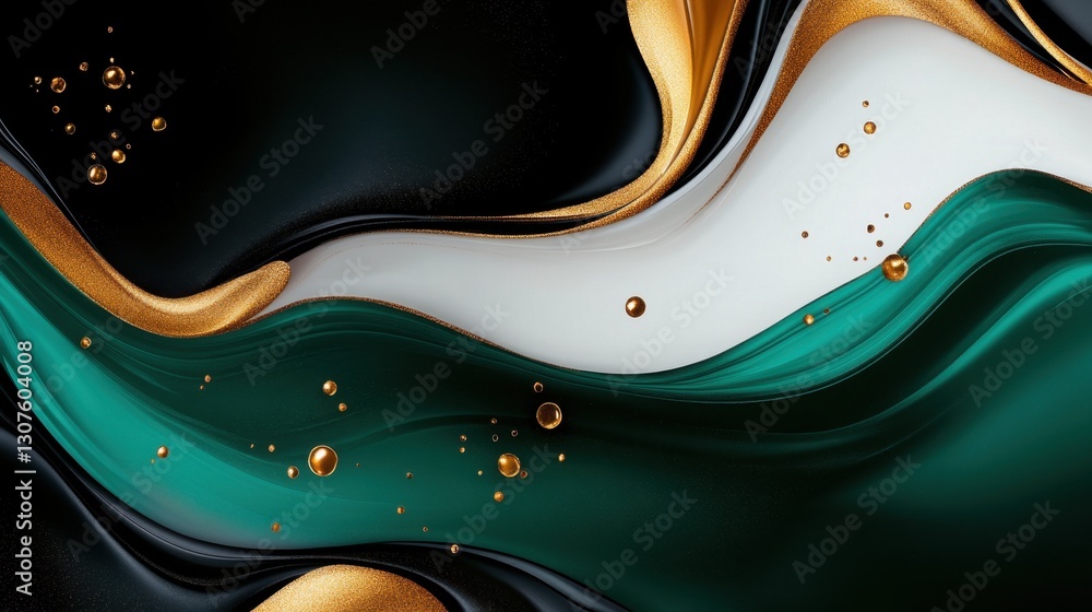 Poster paint splatters and smudges in rich emerald and copper, blending with ink drops, and featuring a sem