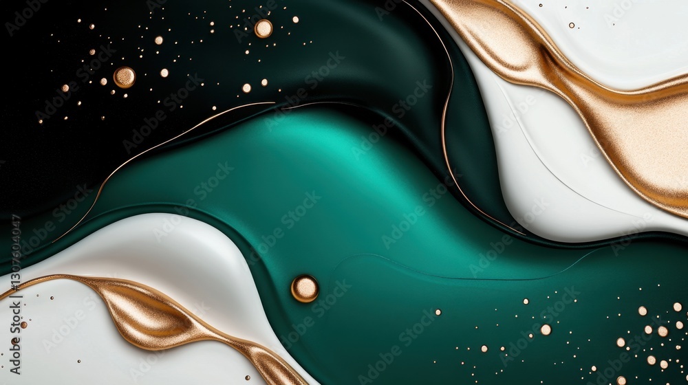 Poster paint splatters and smudges in rich emerald and copper, blending with ink drops, and featuring a sem