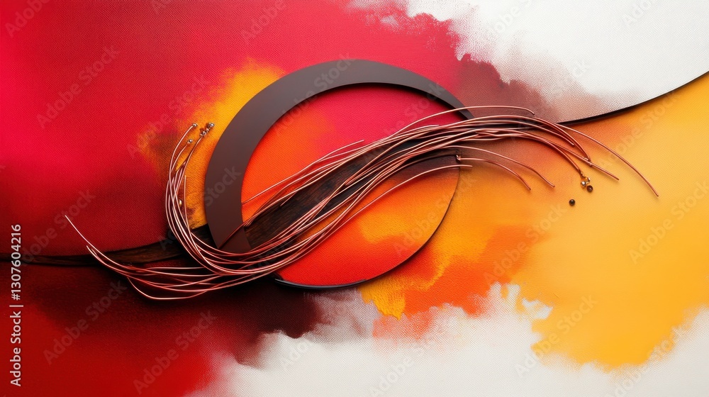 Poster rust-colored paint streaks with intricate copper wire embedded into the canvas, combining abstract a