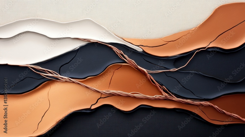 Poster rust-colored paint streaks with intricate copper wire embedded into the canvas, combining abstract a